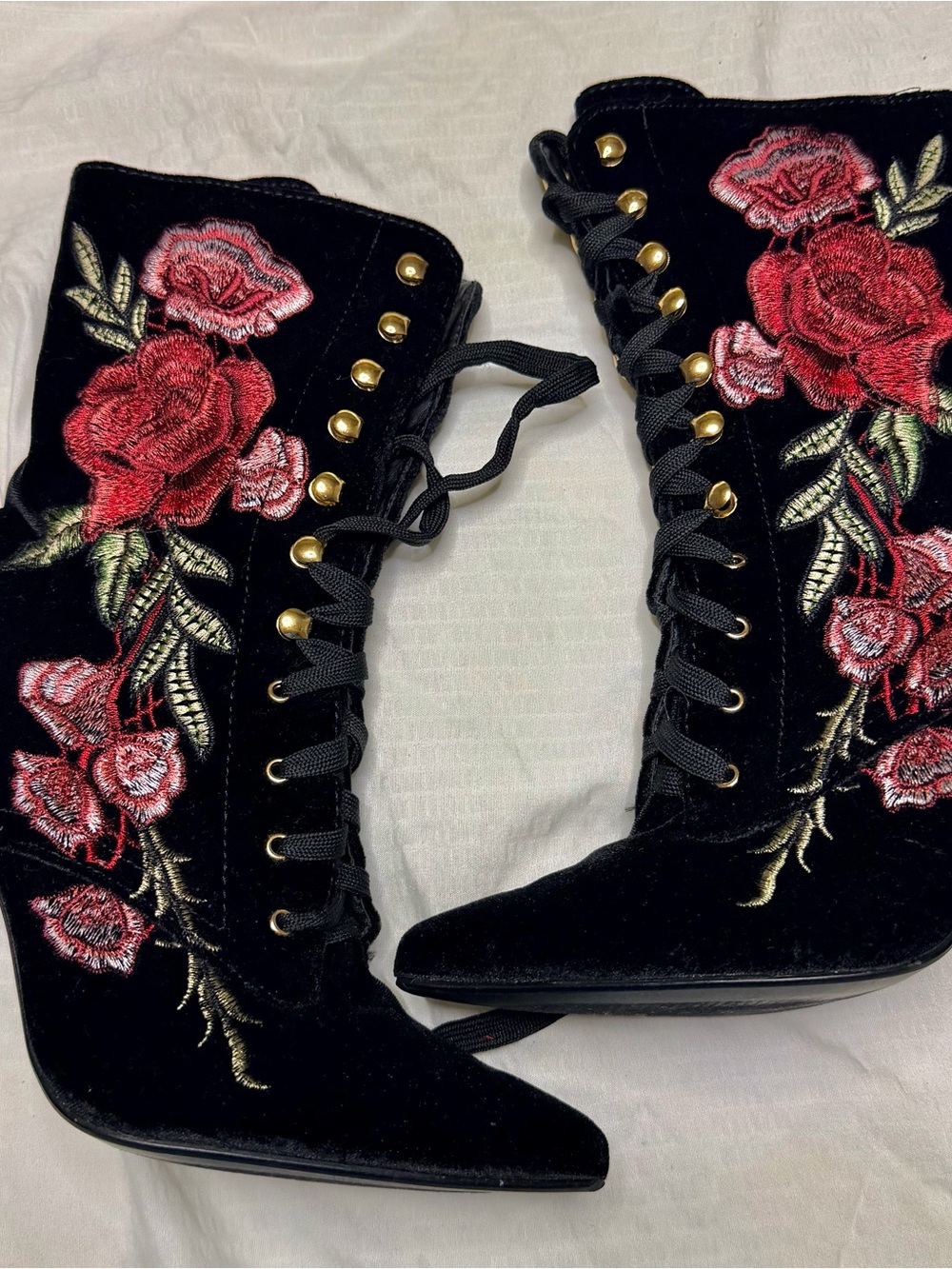 Cape Robbin Black Velvet Lace-Up Heeled Boots with Red Rose Embroidery